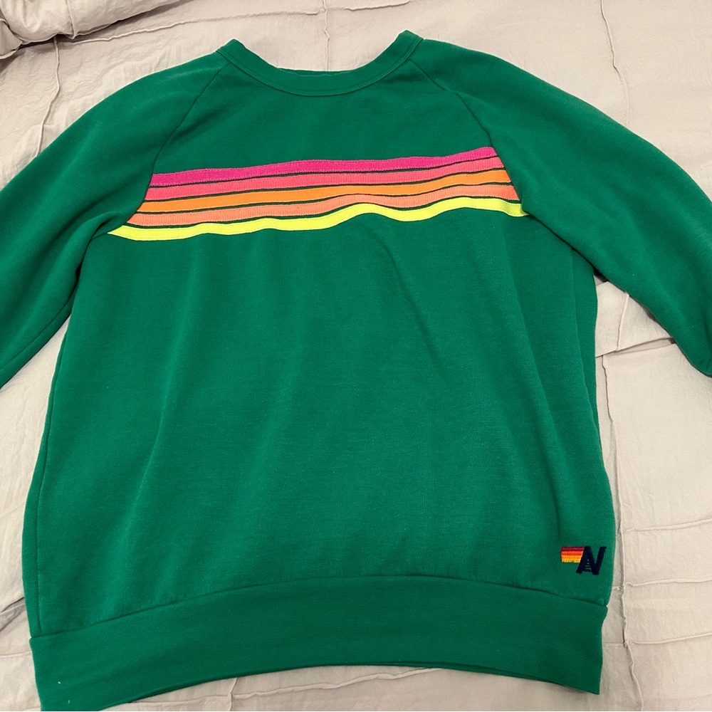 Aviator Nation 5 Stripe Crew Sweatshirt in Kelly Green & Neon Yellow Size S